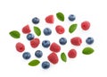 Berries of raspberry and blueberry white background top view