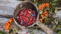 Berries are red and blue on the background of an old wooden surface Royalty Free Stock Photo