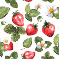 Berries seamless pattern in watercolor. Colorful background with red strawberries, leaves and flowers. Natural