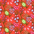Berries seamless vector pattern. Food outline berry icons repeat wrap bright red texture.