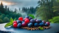 Juicy Blueberries and Cranberries on Dark Stone, Forest Background Royalty Free Stock Photo