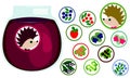 Berries stickers collection. Hedgehog with bow tie, label.