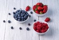 Berries, summer fruits on a wooden table.Blueberries, strawberries, raspberries on the table. Royalty Free Stock Photo