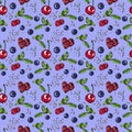 Berries, sweet natural dessert on blue, seamless watercolor pattern