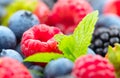 Berries. Various colorful berries background. Mint leaves, Strawberry, Raspberry, Blackberry, Blueberry close-up backdrop