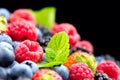 Berries. Various colorful berries background. Mint leaves, Strawberry, Raspberry, Blackberry, Blueberry close-up backdrop Royalty Free Stock Photo