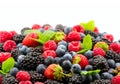Berries. Various colorful berries background. Mint leaves, Strawberry, Raspberry, Blackberry, Blueberry close-up backdrop