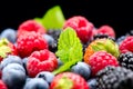 Berries. Various colorful berries background. Strawberry, raspberry, blackberry, blueberry closeup over black