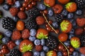 Berries. Various colorful berries Strawberry, Raspberry, Blackberry, Blueberry close-up Bio Fruits, Healthy eating