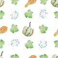 Berries, vegetables and foliage seamless watercolor raster pattern