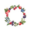 Berries wreath in watercolor. Frame with strawberries, blackberries, cherries and blueberries. Natural illustration