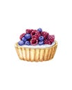 Berry cake of shortcrust pastry and whipped cream souffle decorated with raspberries and blueberries isolated on a white Royalty Free Stock Photo