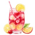 berry cocktail, cherry lemonade with ice, isolated on a white background