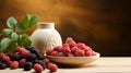 Berry composition on the table next to fortified food supplements