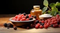 Berry composition on the table next to fortified food supplements