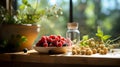 Berry composition on the table next to fortified food supplements