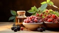 Berry composition on the table next to fortified food supplements