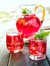 Berry compote decanter glasses with apple slices on wooden rustic background solar.