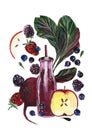 Berry compote, fresh juice hand drawn watercolor illustration. Glass bottle with smoothie Royalty Free Stock Photo