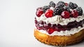 Berry Delight: Fresh Fruit Topped Sponge Cake on White Background Royalty Free Stock Photo