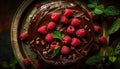 Berry dessert plate, rustic wood background, indulgence generated by AI