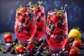 Berry drink with crushed ice and thyme. Strawberry and blueberry lemonade