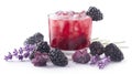 Berry drink with ice in a glass, surrounded by blackberries and lavender Royalty Free Stock Photo