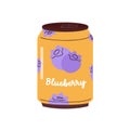 Berry drink, lemonade in tin. Blueberry flavored soda, juicy beverage packed in aluminum can. Cold cooling summer