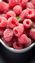 Berry frost View from above, frozen organic raspberries in bowl Royalty Free Stock Photo