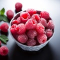 Berry frost View from above, frozen organic raspberries in bowl Royalty Free Stock Photo