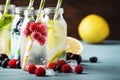 Berry, fruit and citrus non-alcoholic cold beverages and cocktails in glass bottles on blue background, copy space Royalty Free Stock Photo