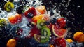 Berry and fruit explosion in the air. Oranges, kiwis, strawberries, blueberries and grapefruit fall into the water on a black Royalty Free Stock Photo