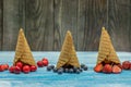 Berry and fruit ice cream. Blueberry, strawberry, cherry in a waffle cone Royalty Free Stock Photo