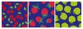 Berry and fruit seamless pattern set. Vector food fashion print. Red cherry, raspberry and green apple. Design elements for