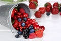 Berry fruits in bucket with strawberries, blueberries, cherries Royalty Free Stock Photo