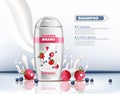 Berry fruits shampoo Vector realistic cosmetics. Product packaging mock up. Milk splash with blueberry and raspberry on