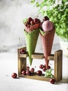 Berry ice cream in a waffle cone on a light background. Cherry ice cream. Ice cream cone with cherry, sweet cherry Royalty Free Stock Photo