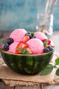 Berry ice cream in a watermelon bowl Royalty Free Stock Photo