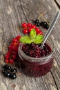 Berry jam in a glass jar and fresh red currants on wooden board Royalty Free Stock Photo