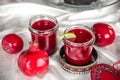 Berry jam in a jar and an apple and a grenade from the side Royalty Free Stock Photo