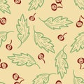 Berry and leaf seamless vector seamless pattern background. Festive backdrop with scattered hand crafted woodcut print