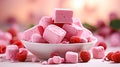 Berry marshmallow airy dessert, fluffy sweetness. Pyramid made from pieces of pink pastille with fresh raspberry