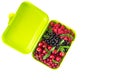 Berry mix: cherry, red and black currant, raspberry in a light green container. Royalty Free Stock Photo