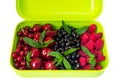 Berry mix: cherry, red and black currant, raspberry in a light green container. Royalty Free Stock Photo