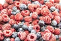 A Berry mix from frozen raspberries and blueberries. A Frozen Berries from freezer. A sweet background with frozen raspberries