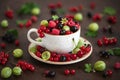 Berry mix in a mug. Cherries, raspberries, gooseberries and red currants on a brown background. Berry still life Royalty Free Stock Photo