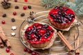 Berry muffins on metal tray. Cinnamon sticks, raisins and cranberries on table. Fir branches Royalty Free Stock Photo