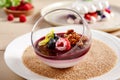 Berry Panna Cotta with Currant-Cointreau jelly in glass bowl