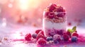 A delicious berry parfait with raspberries and granola on a colorful table