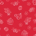 Berry seamless pattern. Fruit red background. Outline of raspberry, strawberry, cherry, blueberry, currants and flowers.